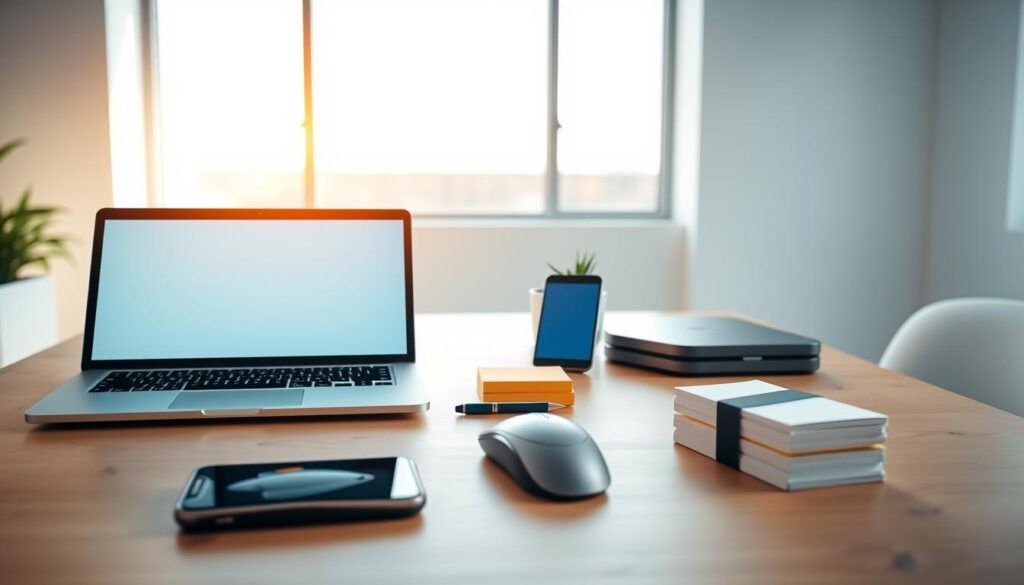 A bright, minimalist office setting with an array of digital productivity tools meticulously arranged on a sleek, wooden desk. In the foreground, a high-resolution laptop, a stylish tablet, and a modern smartphone sit side by side, their screens emanating a soft, inviting glow. In the middle ground, a thoughtfully positioned wireless mouse, a stylish pen, and a neatly stacked collection of sticky notes create a sense of organized efficiency. The background features a large, floor-to-ceiling window, allowing natural light to flood the space and casting a warm, ambient illumination over the scene. The overall mood is one of focused productivity, with a sense of clean, modern elegance.