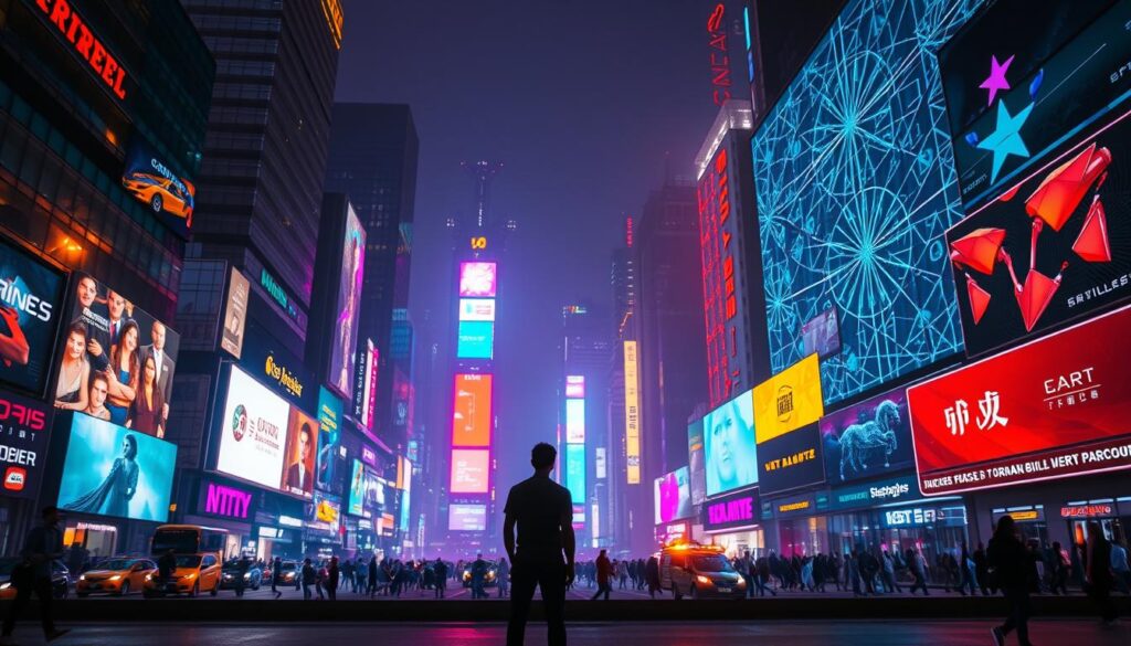 A bustling cityscape illuminated by vibrant digital displays, neon-tinted skyscrapers, and a kaleidoscope of holographic projections. In the foreground, a lone individual stands in awe, transfixed by the technological marvels that surround them. The scene is bathed in a warm, futuristic glow, with dynamic lighting that casts dramatic shadows and highlights the interplay of digital and physical elements. The composition evokes a sense of wonder and the profound impact technology can have on our daily lives, reflecting the transformative power of the "digital impact" that has the potential to reshape our world.