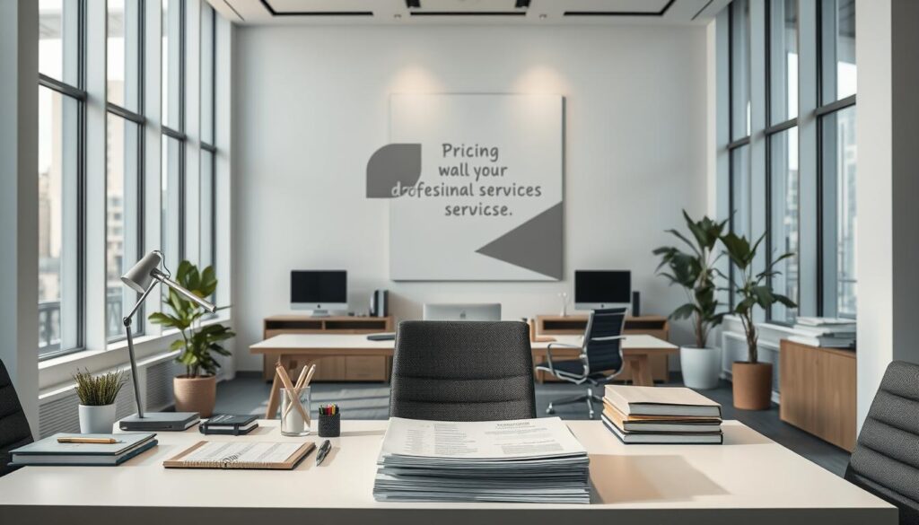 A meticulously designed office workspace with a sleek, modern aesthetic. In the foreground, a well-organized desk showcases various office supplies, a laptop, and a neatly stacked pile of documents, representing the act of pricing and valuing professional services. The middle ground features a large, inspirational wall display with abstract geometric shapes and a muted color palette, creating a calming and thoughtful atmosphere. The background is filled with tall, floor-to-ceiling windows, allowing natural light to flood the space and suggesting an airy, open environment conducive to focused work and careful consideration of one's professional worth. Soft, directional lighting illuminates the scene, casting subtle shadows and highlighting the attention to detail in the workspace.
