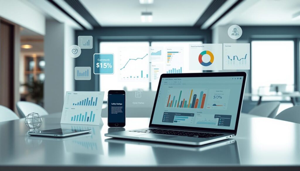 A modern digital marketing strategy, featuring a laptop, smartphone, and various digital sales tools and analytics dashboards. The scene is set in a sleek, minimalist office environment with plenty of natural light and clean, geometric lines. The overall mood is one of efficiency, innovation, and data-driven decision-making. The key elements are presented in a well-organized, visually appealing manner to convey the expertise and professionalism required for effective digital sales strategies.