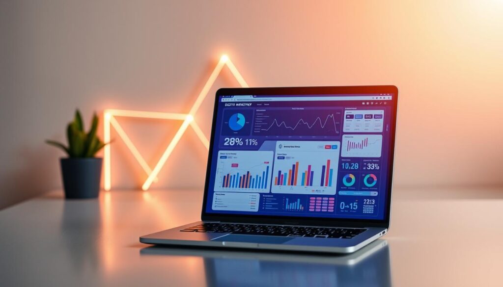 A modern digital marketing strategy, set against a sleek, minimalist backdrop. In the foreground, a laptop screen displays vibrant charts and analytics dashboards, showcasing the data-driven insights driving effective online campaigns. In the middle ground, abstract geometric shapes and glowing neon accents suggest the dynamism and innovation of the digital landscape. The background is bathed in a warm, soft light, creating an inviting and professional atmosphere. The overall composition conveys a sense of expertise, strategy, and the power of digital marketing to drive business success. A modern digital marketing strategy, set against a sleek, minimalist backdrop. In the foreground, a laptop screen displays vibrant charts and analytics dashboards, showcasing the data-driven insights driving effective online campaigns. In the middle ground, abstract geometric shapes and glowing neon accents suggest the dynamism and innovation of the digital landscape. The background is bathed in a warm, soft light, creating an inviting and professional atmosphere. The overall composition conveys a sense of expertise, strategy, and the power of digital marketing to drive business success.