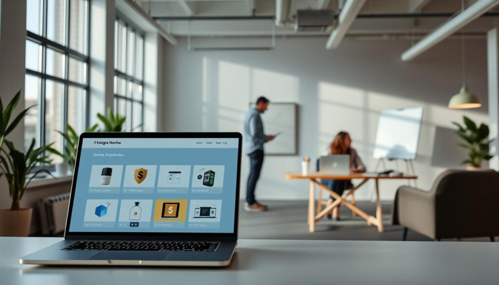 A modern, minimalist e-commerce platform showcasing digital products and services for online entrepreneurs. The foreground features a sleek, responsive web interface displaying a range of downloadable courses, ebooks, and software tools. The middle ground depicts a small team of entrepreneurs collaborating on product development, with laptops and whiteboards. The background showcases a clean, airy office space with large windows, subtle lighting, and contemporary furnishings that cultivate a productive, innovative atmosphere. Lens: 50mm, Lighting: Natural, Angle: 3/4 perspective. The overall mood is professional, polished, and inspiring, reflecting the empowering potential of digital entrepreneurship.