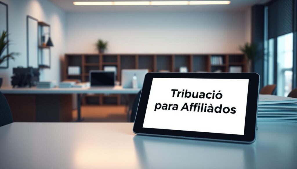 A modern, minimalist office space with a large desk, a laptop, and stacks of documents. Soft, warm lighting illuminates the scene, casting subtle shadows across the surface. In the foreground, a tablet or digital notepad displays the title "Tributação para Afiliados" against a clean, white background. The overall atmosphere conveys a sense of professionalism, organization, and attention to legal and transparency aspects of affiliate marketing.
