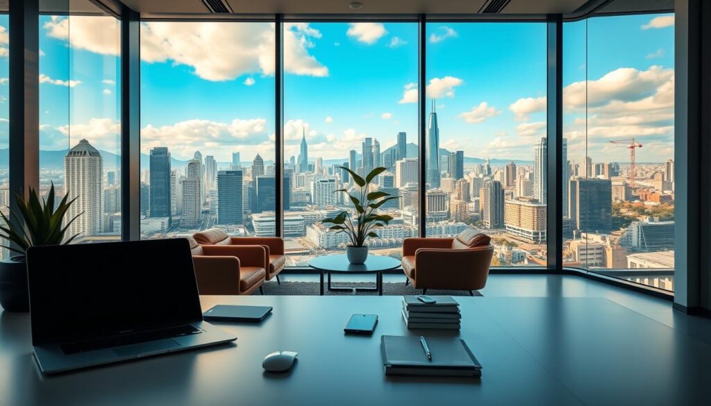 A modern, sleek office interior with large windows overlooking the bustling cityscape of Sao Paulo, Brazil. The foreground features a minimalist desk with a laptop, smartphone, and neatly organized office supplies. The middle ground showcases a cozy lounge area with plush leather chairs and a potted plant, creating a relaxed atmosphere. The background is filled with the vibrant skyline of skyscrapers and iconic landmarks, bathed in warm, golden lighting that filters through the windows. The overall scene conveys a sense of professionalism, innovation, and the dynamic nature of digital entrepreneurship in Brazil.