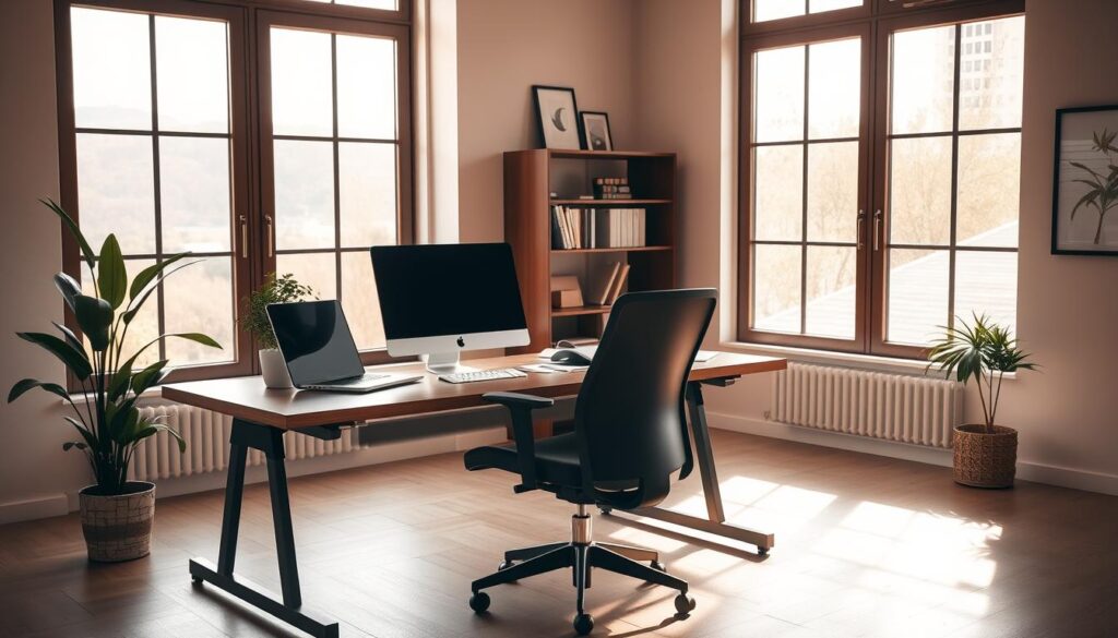 A productive and efficient remote work environment with a neatly organized desk, a laptop, an ergonomic chair, and a plant for a touch of nature. The room is bathed in warm, natural lighting through large windows, creating a calm and focused atmosphere. In the background, a minimalist bookshelf and a few framed artworks add a sense of balance and sophistication. The overall scene conveys a sense of order, discipline, and productivity, reflecting the idea of "Estabelecendo rotinas eficientes para o trabalho remoto".