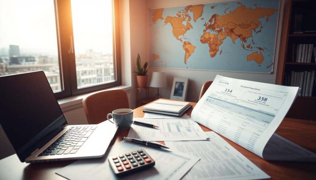 A professional home office setting with a laptop, various tax documents, and a world map on the wall, bathed in warm, natural lighting. The desk is organized with a calculator, pen, and a cup of coffee, creating a productive and focused atmosphere. In the background, a window overlooking a cityscape or a scenic view, representing the global reach of remote work. The overall mood conveys the financial and logistical aspects of international remote work.