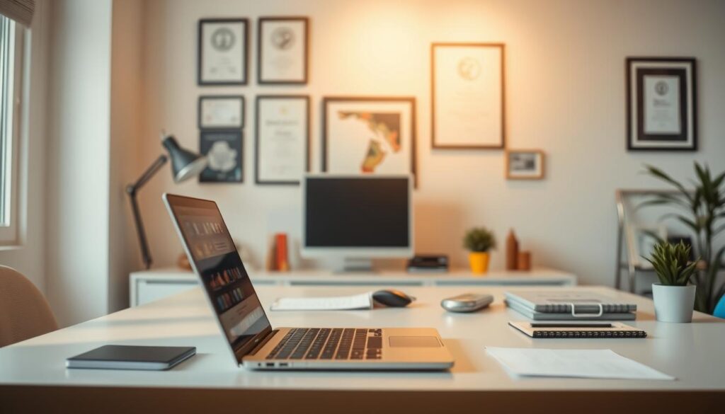 A professional online presence, a digital workspace bathed in warm, natural light. A well-organized desk with a modern laptop, a clean workspace, and thoughtfully placed office supplies. In the background, a minimalist wall display showcasing certificates, awards, or inspirational artwork. The scene exudes an aura of productivity, expertise, and a commitment to a polished, cohesive digital brand. The camera angle is slightly elevated, capturing the scene from a confident, authoritative perspective. The overall mood is one of professionalism, competence, and a strong online identity. A professional online presence, a digital workspace bathed in warm, natural light. A well-organized desk with a modern laptop, a clean workspace, and thoughtfully placed office supplies. In the background, a minimalist wall display showcasing certificates, awards, or inspirational artwork. The scene exudes an aura of productivity, expertise, and a commitment to a polished, cohesive digital brand. The camera angle is slightly elevated, capturing the scene from a confident, authoritative perspective. The overall mood is one of professionalism, competence, and a strong online identity.