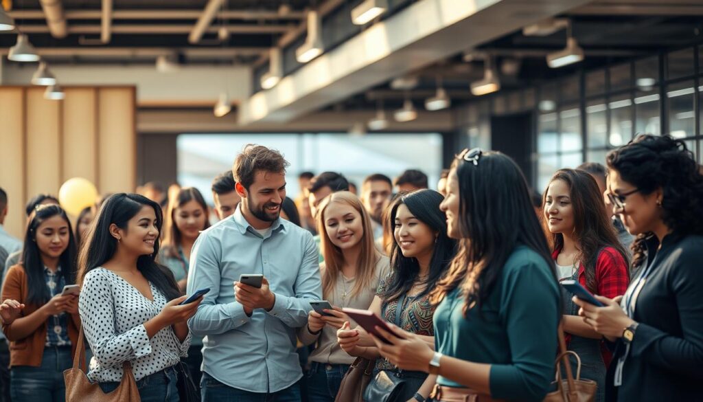 A vibrant and diverse crowd of people, representing a target audience, stand in the foreground. They are engaged in various activities - some are chatting animatedly, others are browsing on their smartphones, and a few are taking notes. The middle ground features a backdrop of sleek, modern office spaces, hinting at the digital landscape. Warm, natural lighting filters through the scene, creating a sense of approachability and openness. The overall atmosphere conveys a dynamic, multicultural, and tech-savvy environment, reflecting the diverse needs and preferences of the target audience.