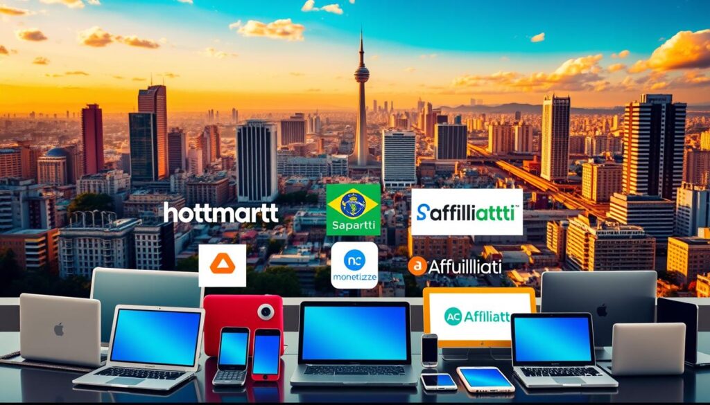 A vibrant and dynamic scene depicting the main affiliate marketing platforms in Brazil. In the foreground, a group of colorful and modern digital devices, such as laptops, smartphones, and tablets, arranged in an organized and visually appealing manner. In the middle ground, various logos and branding elements of well-known affiliate marketing platforms, including Hotmart, Monetizze, and Affiliatti, presented in a clean and professional style. In the background, a cityscape of São Paulo, with its iconic skyscrapers and bustling urban landscape, bathed in warm, golden lighting, creating a sense of energy and progress. The overall composition should convey the growth and importance of the affiliate marketing industry in Brazil, with a focus on the leading platforms that enable businesses and individuals to participate in this dynamic ecosystem.