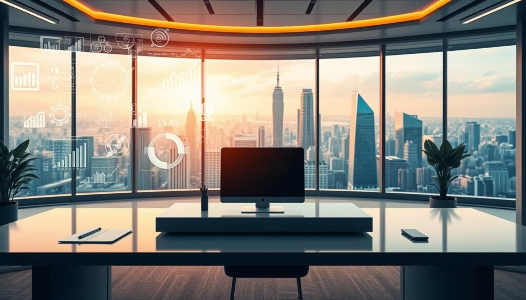 A vibrant digital landscape showcasing strategies for online business success. In the foreground, an array of holographic diagrams, charts, and analytical tools hover above a sleek desk, reflecting the owner's data-driven decision-making. The middle ground features a large, floor-to-ceiling window overlooking a bustling city skyline, symbolizing the global reach of the digital enterprise. Soft, warm lighting casts an inviting glow, creating a sense of productivity and innovation. The background is filled with futuristic, minimalist decor, hinting at the cutting-edge technology powering the business's digital transformation. An atmosphere of focused determination and strategic foresight permeates the scene, capturing the essence of "Escalating your digital business with strategy".