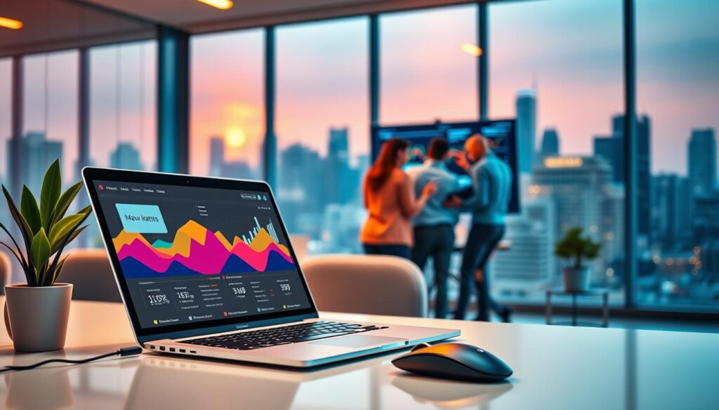 A vibrant digital marketing scene set in a modern office. In the foreground, a laptop displays a colorful, data-driven dashboard, surrounded by a tidy workspace with a sleek mouse, stylish pen cup, and a plant adding a touch of greenery. In the middle ground, a team collaborates around a large monitor, analyzing marketing strategies and campaign analytics. The background features an expansive city skyline, conveying a sense of growth, opportunity, and the dynamic nature of the digital landscape. Warm, directional lighting casts a soft glow, creating an atmosphere of productivity and innovation. The overall scene captures the essence of digital marketing - a blend of technology, data-driven insights, and collaborative teamwork, all set against the backdrop of a thriving, ever-evolving urban environment. A vibrant digital marketing scene set in a modern office. In the foreground, a laptop displays a colorful, data-driven dashboard, surrounded by a tidy workspace with a sleek mouse, stylish pen cup, and a plant adding a touch of greenery. In the middle ground, a team collaborates around a large monitor, analyzing marketing strategies and campaign analytics. The background features an expansive city skyline, conveying a sense of growth, opportunity, and the dynamic nature of the digital landscape. Warm, directional lighting casts a soft glow, creating an atmosphere of productivity and innovation. The overall scene captures the essence of digital marketing - a blend of technology, data-driven insights, and collaborative teamwork, all set against the backdrop of a thriving, ever-evolving urban environment.