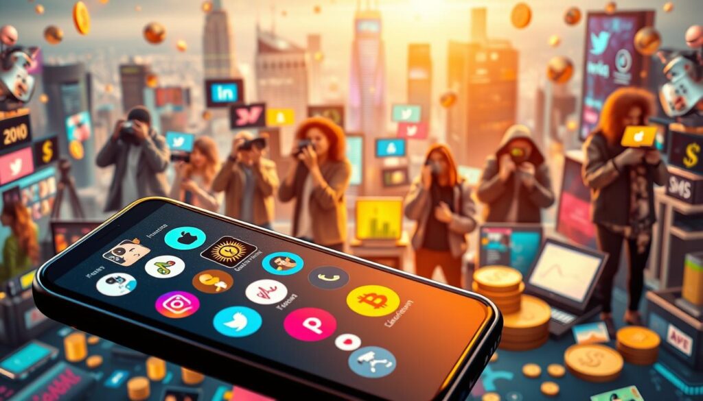 A vibrant financial landscape of social media monetization. In the foreground, a smartphone displays various social media platforms, their logos shimmering with golden accents, symbolizing the potential for wealth generation. In the middle ground, a diverse array of content creators - a photographer, a fashion influencer, a gamer - each immersed in their craft, showcasing their unique skills. The background is a kaleidoscope of digital devices, screens, and stylized currency symbols, all against a backdrop of a futuristic, tech-savvy cityscape. Soft, warm lighting illuminates the scene, creating a sense of opportunity and prosperity. The overall tone is one of potential, where individuals can transform their talents into thriving digital enterprises.