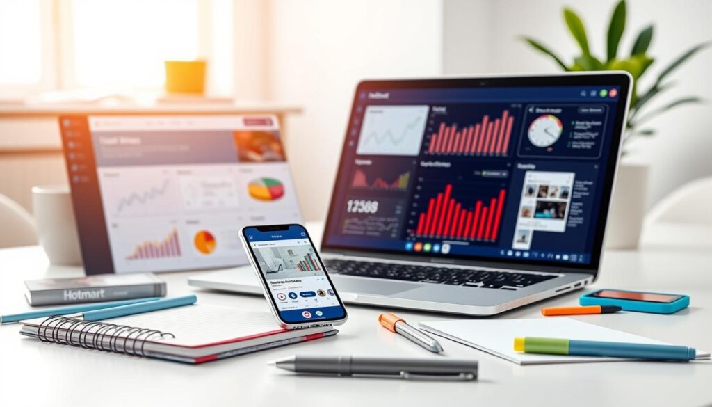 A vibrant, high-resolution image showcasing a collection of marketing tools used by the Hotmart platform. In the foreground, a sleek laptop displays a dashboard with various analytics and campaign management interfaces. Surrounding the laptop are an assortment of branded stationery items, including a notebook, pen, and highlighter. In the middle ground, a mobile device displays a social media posting interface, hinting at Hotmart's suite of digital marketing tools. The background features a softly blurred office environment, with a minimalist white desk and a plant, creating a professional and productive atmosphere. The lighting is warm and natural, accentuating the modern, technology-driven aesthetic. The overall composition conveys the comprehensive nature of Hotmart's marketing ecosystem, empowering entrepreneurs to effectively promote their products and services. A vibrant, high-resolution image showcasing a collection of marketing tools used by the Hotmart platform. In the foreground, a sleek laptop displays a dashboard with various analytics and campaign management interfaces. Surrounding the laptop are an assortment of branded stationery items, including a notebook, pen, and highlighter. In the middle ground, a mobile device displays a social media posting interface, hinting at Hotmart's suite of digital marketing tools. The background features a softly blurred office environment, with a minimalist white desk and a plant, creating a professional and productive atmosphere. The lighting is warm and natural, accentuating the modern, technology-driven aesthetic. The overall composition conveys the comprehensive nature of Hotmart's marketing ecosystem, empowering entrepreneurs to effectively promote their products and services.