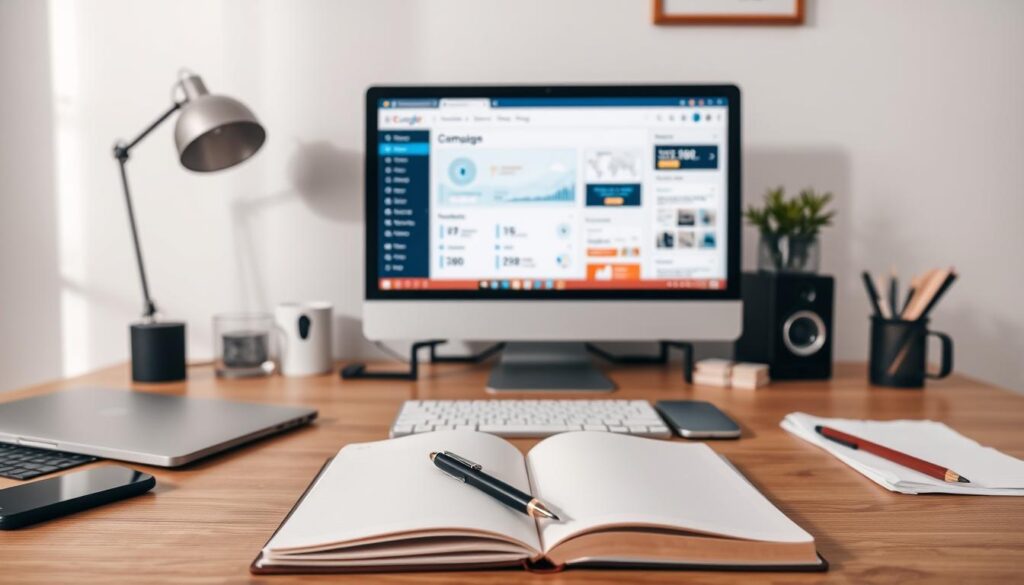 A well-lit, clean desktop setup featuring a laptop, smartphone, and various office supplies. In the center, a computer screen displays an email campaign dashboard, showcasing analytics, subscriber data, and email templates. The foreground has an open notebook and pen, hinting at the process of crafting effective email marketing strategies. The background has minimalist decor, conveying a professional, productive atmosphere. Lighting is soft and natural, creating a welcoming, approachable mood. The overall scene conveys the idea of building a valuable online asset through accessible email marketing tools.