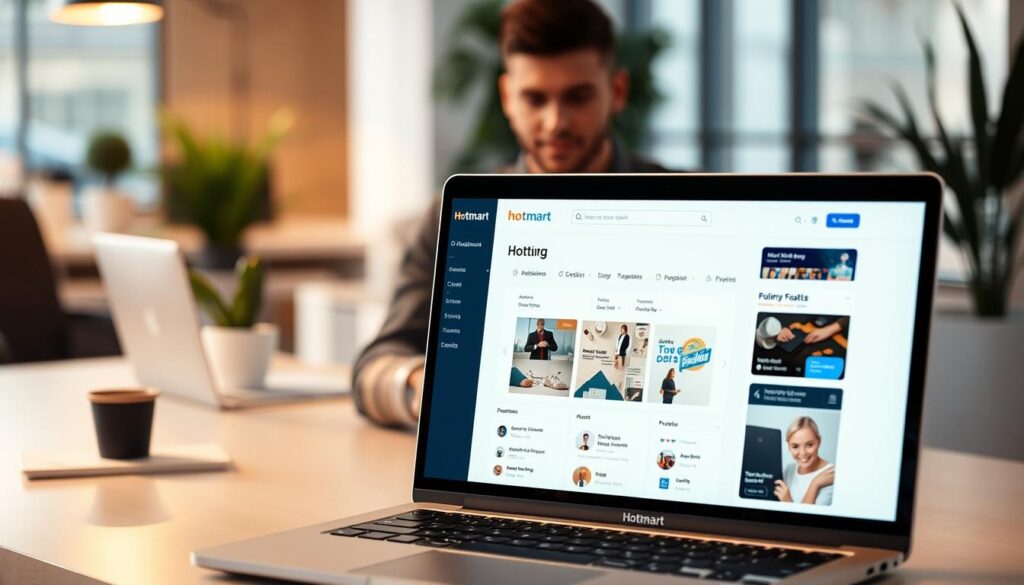 An interface for an online marketing platform, Hotmart, showcases a clean and intuitive design. In the foreground, a laptop display presents the Hotmart dashboard, featuring a minimal layout with clear navigation menus and content sections. The middle ground captures the user interacting with the interface, navigating through the platform with a focused expression. The background subtly blends professional office elements, such as a desk, plants, and warm lighting, creating a productive and contemporary atmosphere. The overall scene conveys a sense of efficiency and user-friendliness, reflecting the platform's purpose of empowering digital entrepreneurs. An interface for an online marketing platform, Hotmart, showcases a clean and intuitive design. In the foreground, a laptop display presents the Hotmart dashboard, featuring a minimal layout with clear navigation menus and content sections. The middle ground captures the user interacting with the interface, navigating through the platform with a focused expression. The background subtly blends professional office elements, such as a desk, plants, and warm lighting, creating a productive and contemporary atmosphere. The overall scene conveys a sense of efficiency and user-friendliness, reflecting the platform's purpose of empowering digital entrepreneurs.