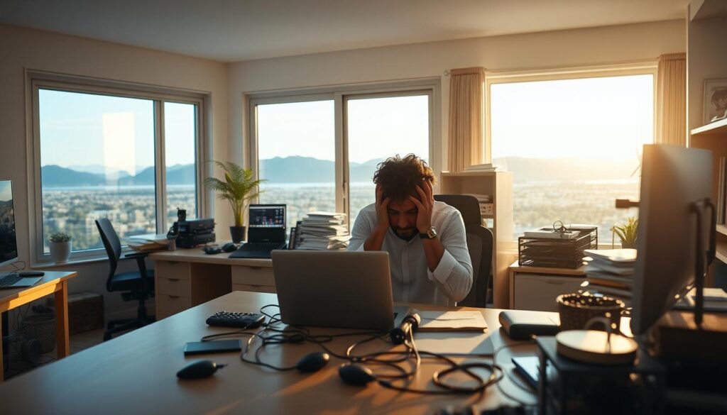 Detailed home office scene depicting the challenges of remote work: a spacious, well-lit room with a large desk, office chair, and computer setup in the foreground. In the middle ground, a person appears stressed, surrounded by clutter, with a laptop, documents, and a tangled mess of cables. In the background, a window showcases a picturesque outdoor view, contrasting the disorganized indoor setting. The lighting is soft and warm, creating a sense of frustration and distraction. Lens: 35mm. Composition: rule of thirds, with the person off-center. Mood: overwhelming, chaotic, yet longing for a peaceful work environment.