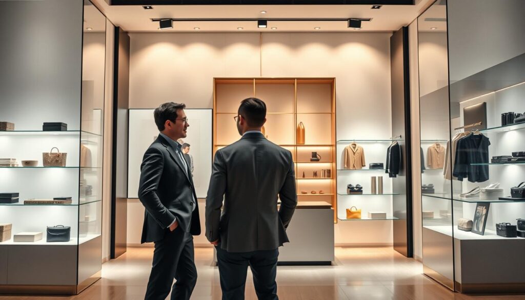 Elegant e-commerce storefront with minimalist product displays, warm lighting, and clean, intuitive interface. A professional salesperson stands in the foreground, engaged in a friendly discussion with a well-dressed customer. Soft colors, clean lines, and a sense of efficiency convey the strategic and effective nature of online sales tactics. The scene exudes a feeling of professionalism, trust, and customer-centric approach to digital commerce. Elegant e-commerce storefront with minimalist product displays, warm lighting, and clean, intuitive interface. A professional salesperson stands in the foreground, engaged in a friendly discussion with a well-dressed customer. Soft colors, clean lines, and a sense of efficiency convey the strategic and effective nature of online sales tactics. The scene exudes a feeling of professionalism, trust, and customer-centric approach to digital commerce.