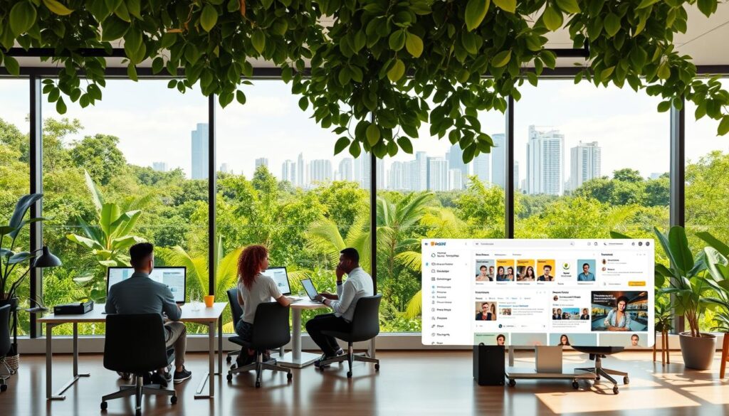 Plataformas Brasileiras de Trabalho Remoto: a vibrant landscape of remote work opportunities, showcasing sleek and modern workspaces against the backdrop of lush, verdant foliage. In the foreground, a diverse array of professionals collaborating at their desks, laptops open, surrounded by minimalist decor and natural light streaming in through large windows. In the middle ground, a virtual representation of the platforms' user interfaces, highlighting intuitive task management tools and seamless communication features. The background depicts the skyline of a bustling Brazilian city, evoking a sense of urban dynamism and connectivity. The overall scene conveys a harmonious blend of technology, productivity, and the unique Brazilian work culture.