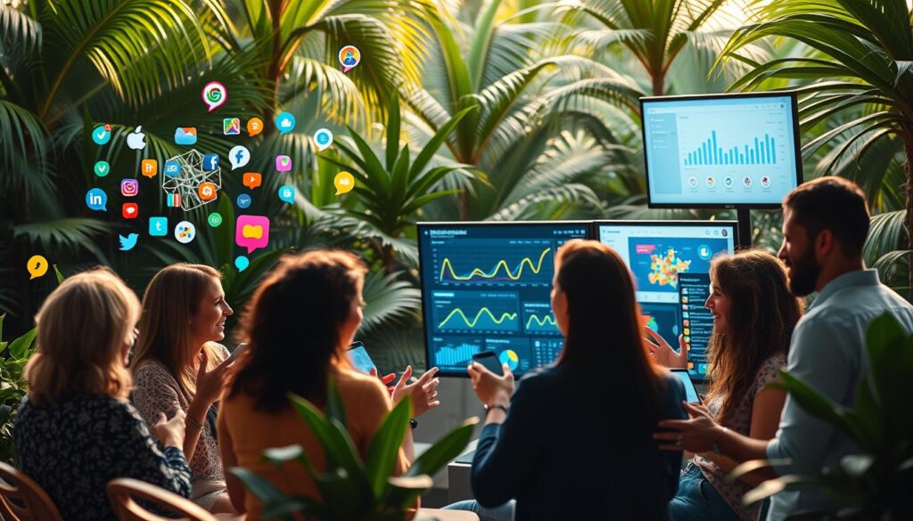 Strategies for engaging with Brazilian social media: A vibrant scene of colorful icons, dynamic graphs, and sleek mobile devices, set against a backdrop of lush tropical foliage. The foreground features a diverse cast of social media influencers, each with their own unique personas, gesturing animatedly as they collaborate on content creation. In the middle ground, data visualizations and analytics dashboards provide insights into audience engagement, while the background showcases the seamless integration of social platforms on various screens. Soft, warm lighting illuminates the scene, creating a sense of energy and expertise. The overall composition conveys a sophisticated, yet accessible approach to social media mastery, without the need for costly advertising.