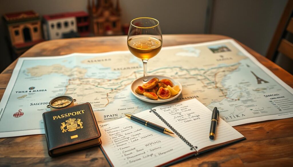 A beautifully designed travel itinerary for Spain, visually represented as an open map spread across a rustic wooden table. The foreground features neatly arranged travel essentials: a stylish passport, a vintage compass, and a pen poised above a notepad filled with handwritten travel plans. In the middle ground, an elegant wine glass with a refreshing drink sits beside a small plate of tapas, inviting the viewer into the experience. The background showcases iconic Spanish landmarks like the Alhambra, Sagrada Familia, and a picturesque beach under a warm sunset, casting a golden glow over the scene. Soft, ambient lighting enhances the inviting atmosphere, while a shallow depth of field keeps the focus on the itinerary items, creating a sense of anticipation and adventure.
