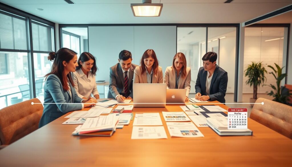 A detailed step-by-step guide visualizing the process of obtaining a NIE (Número de Identidad de Extranjero) in Spain. In the foreground, show a diverse group of professional individuals dressed in business attire, collaborating around a large table filled with documents and a laptop, clearly demonstrating teamwork. In the middle ground, depict various essential NIE application materials including forms, identification documents, and a calendar marking important dates. In the background, include a modern office setting with large windows letting in bright, natural light, creating an open and inviting atmosphere. The scene should convey a sense of organization, focus, and professionalism, emphasizing clarity and guidance throughout the application process. Use a wide-angle lens to capture the entire scene, balanced lighting to highlight details, and a warm color palette to create a motivating mood.