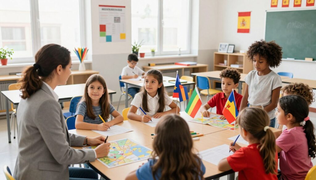 A diverse group of children from various cultural backgrounds, including Asian, Latina, and African descent, engaged in a vibrant classroom setting in Spain. The foreground shows a teacher, wearing professional attire, interacting with the students who are actively participating in a lesson. The middle ground captures kids working on projects, displaying maps and flags representing their countries, symbolizing their diverse heritage. The background features a bright, airy classroom with Spanish-themed decorations, large windows allowing natural light to illuminate the space, creating an uplifting atmosphere. The overall mood is one of collaboration, inclusivity, and learning, showcasing the challenges and triumphs of foreign families in adapting to education in Spain.
