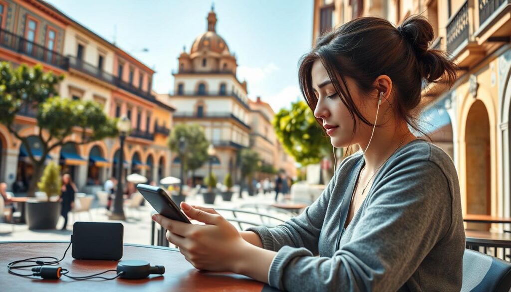 A modern traveler using a smartphone and a tablet, navigating through a vibrant Spanish cityscape. In the foreground, a young woman in modest casual clothing sits at a café table, surrounded by tech gadgets like a portable Wi-Fi router and earbuds. The middle ground features bustling city streets with historic Spanish architecture, showcasing colorful buildings adorned with traditional tiles, flanked by trees and outdoor seating. In the background, a clear blue sky brightens the scene, with soft sunlight casting gentle shadows. The atmosphere is lively yet relaxed, capturing the essence of connectivity and technology in travel. The focus is crisp, with a slight depth of field effect to emphasize the traveler while softly blurring the background.