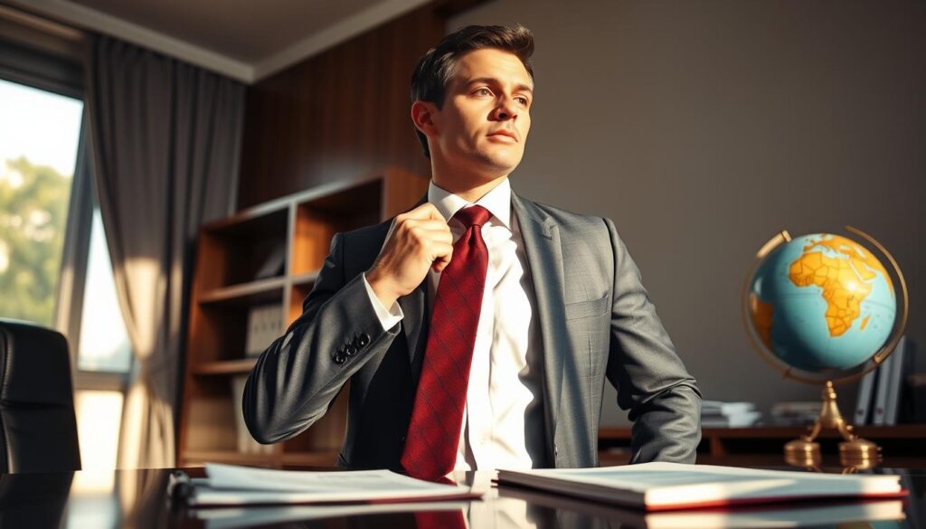A polished office setting focuses on a well-dressed professional man adjusting his elegant tie, symbolizing the significance of the tie in the immigration process. He stands confidently at a desk with immigration documents and a globe in the background, suggesting a global perspective. Soft, natural lighting filters through a window, casting gentle shadows that enhance the sense of professionalism and dedication. The camera angle is slightly low, emphasizing the man's stature and commitment to his role in navigating the complex world of immigration. The mood is serious yet hopeful, reflecting the weight of the immigration journey, while the warm tones evoke a sense of trust and opportunity.