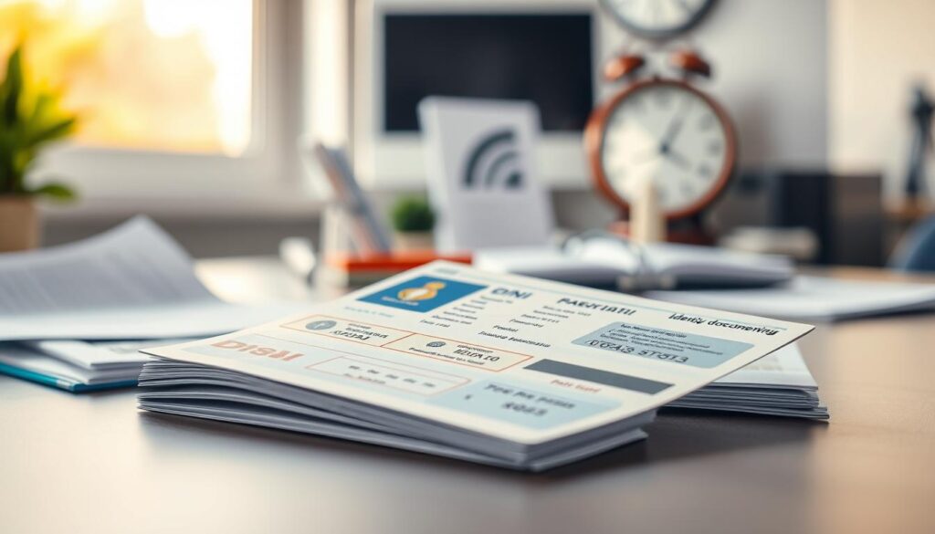 A professional composition featuring an identity document (DNI) lying prominently on a desk. The DNI is opened to display important sections, highlighting the validity date and renewal information. In the background, blurred office elements such as a computer, paperwork, and a clock illustrate a business environment, emphasizing organization. Soft, natural lighting filters in through a window, casting gentle shadows that enhance the document's details. The focal point is the DNI, captured with a shallow depth of field to draw attention, while maintaining a serene and informative atmosphere. The scene suggests professionalism and clarity, suitable for a serious discussion about identity document processes.