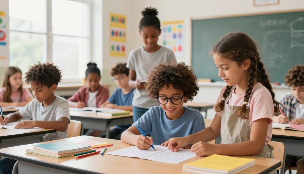 A vibrant school scene featuring diverse children of various ethnic backgrounds, collaborating on a group project in a bright classroom. In the foreground, a boy with curly hair and glasses enthusiastically participates, while a girl with braids and an apron assists him. The middle ground shows several children exchanging ideas, with materials like books and art supplies scattered on the table. The background includes a chalkboard and colorful educational posters highlighting unity and inclusivity. Soft, natural daylight filters through large windows, creating an uplifting atmosphere. The overall mood is one of cooperation, joy, and social integration in a learning environment.