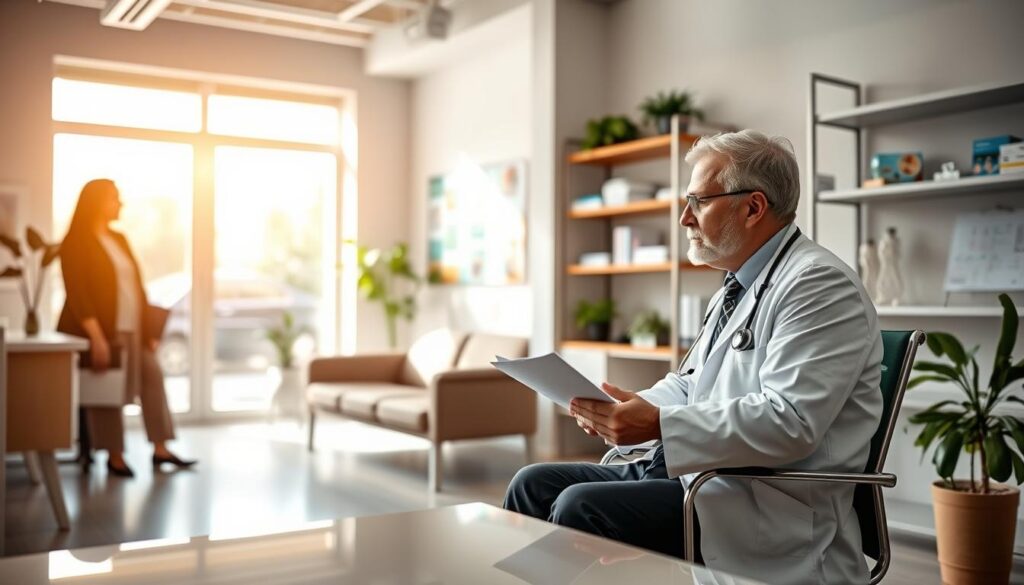 Uma cena moderna de consulta médica em uma unidade de saúde na Espanha. Em primeiro plano, um médico com traje profissional, como jaleco branco e estetoscópio, está sentado à mesa, conversando detalhadamente com um paciente. O paciente, vestido com roupas casuais discretas, parece atento e segura documentos médicos. Em segundo plano, vê-se uma sala de espera clara e acolhedora, com assentos confortáveis ​​e cartazes informativos sobre saúde nas paredes, refletindo uma atmosfera amigável. A luz natural inunda o espaço através de grandes janelas, criando um ambiente acolhedor e convidativo. Ao fundo, prateleiras com suprimentos médicos e plantas reforçam a sensação de um ambiente de saúde acolhedor, transmitindo esperança e segurança.