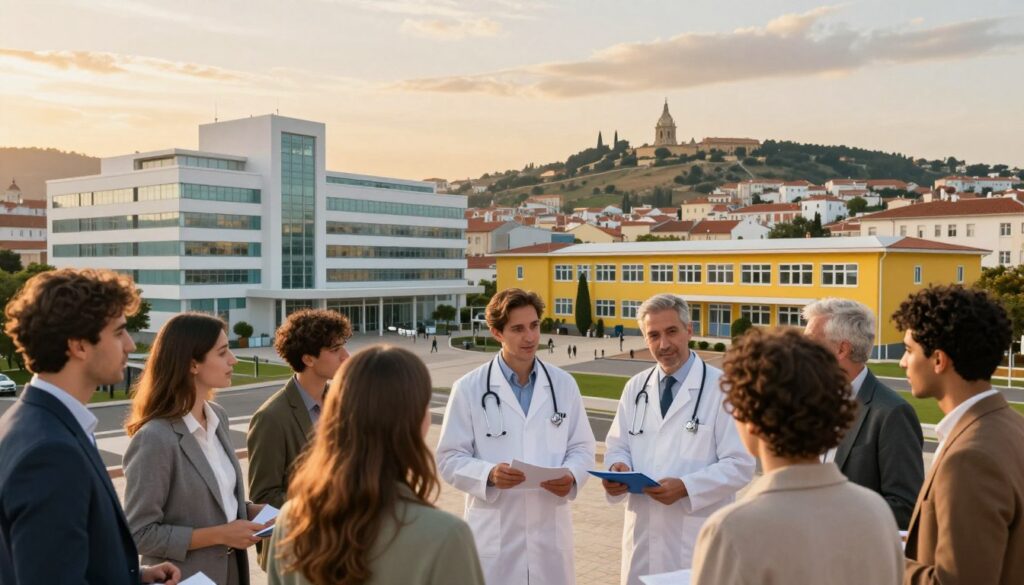 Uma combinação cativante de temas de saúde e educação em Portugal e Espanha. Em primeiro plano, um grupo diversificado de profissionais e estudantes, em trajes formais e casuais discretos, participa de uma discussão animada, com um profissional da saúde segurando um estetoscópio e um professor apontando para materiais didáticos. Em segundo plano, uma representação estilizada de um hospital moderno e uma escola vibrante, destacando seus elementos arquitetônicos distintos. O fundo apresenta colinas onduladas e paisagens urbanas pitorescas de Lisboa e Barcelona sob um pôr do sol dourado e acolhedor, criando uma atmosfera convidativa. Utilize iluminação natural suave para realçar a cena, com foco em uma composição clara e equilibrada que enfatize a sinergia entre saúde e educação nesses dois países. O clima é otimista e inspirador, destacando a qualidade de vida.