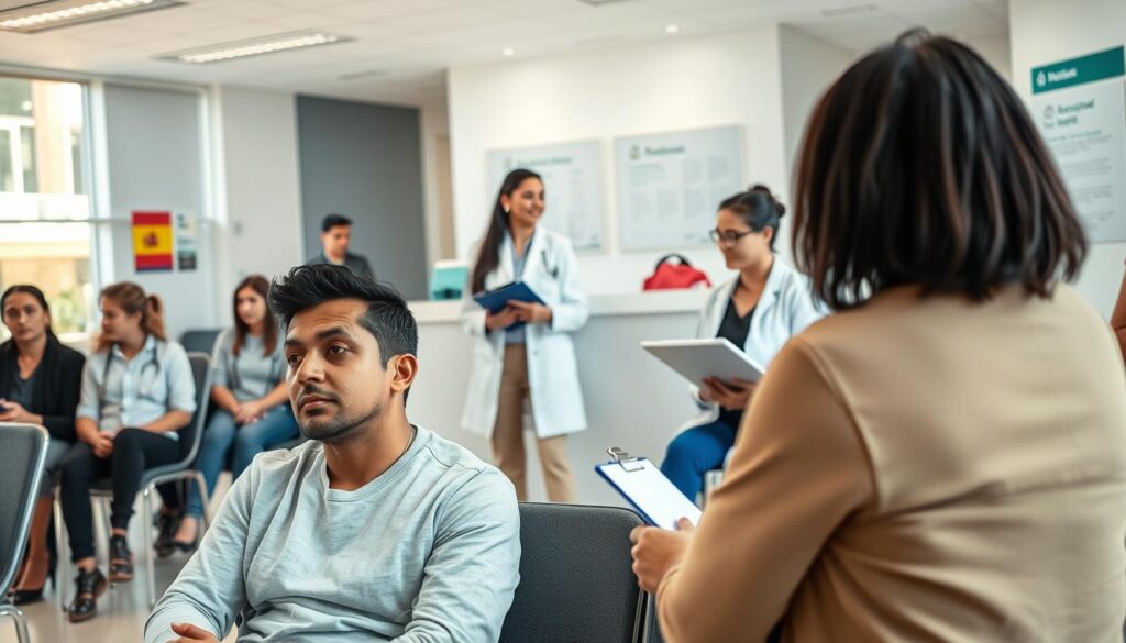 Uma movimentada clínica médica na Espanha, mostrando um grupo diversificado de pessoas em uma sala de espera. Em primeiro plano, um casal de imigrantes brasileiros, vestidos com roupas casuais discretas, trocam olhares preocupados, visivelmente ansiosos. Ao centro, um profissional de saúde de jaleco branco atende um paciente, segurando uma prancheta e com um sorriso acolhedor. Ao fundo, uma recepção moderna exibe discretamente a bandeira espanhola e cartazes informativos sobre serviços de saúde para imigrantes. A cena é bem iluminada pela luz natural que entra pelas grandes janelas, criando uma atmosfera acolhedora e convidativa. O clima geral transmite uma sensação de esperança e apoio para navegar pelo sistema de saúde, enfatizando os desafios enfrentados pelos imigrantes na Espanha.